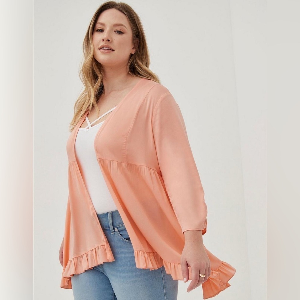 Torrid Coral Pink Ruffle Tunic Duster Sweater Cardigan Size 2X